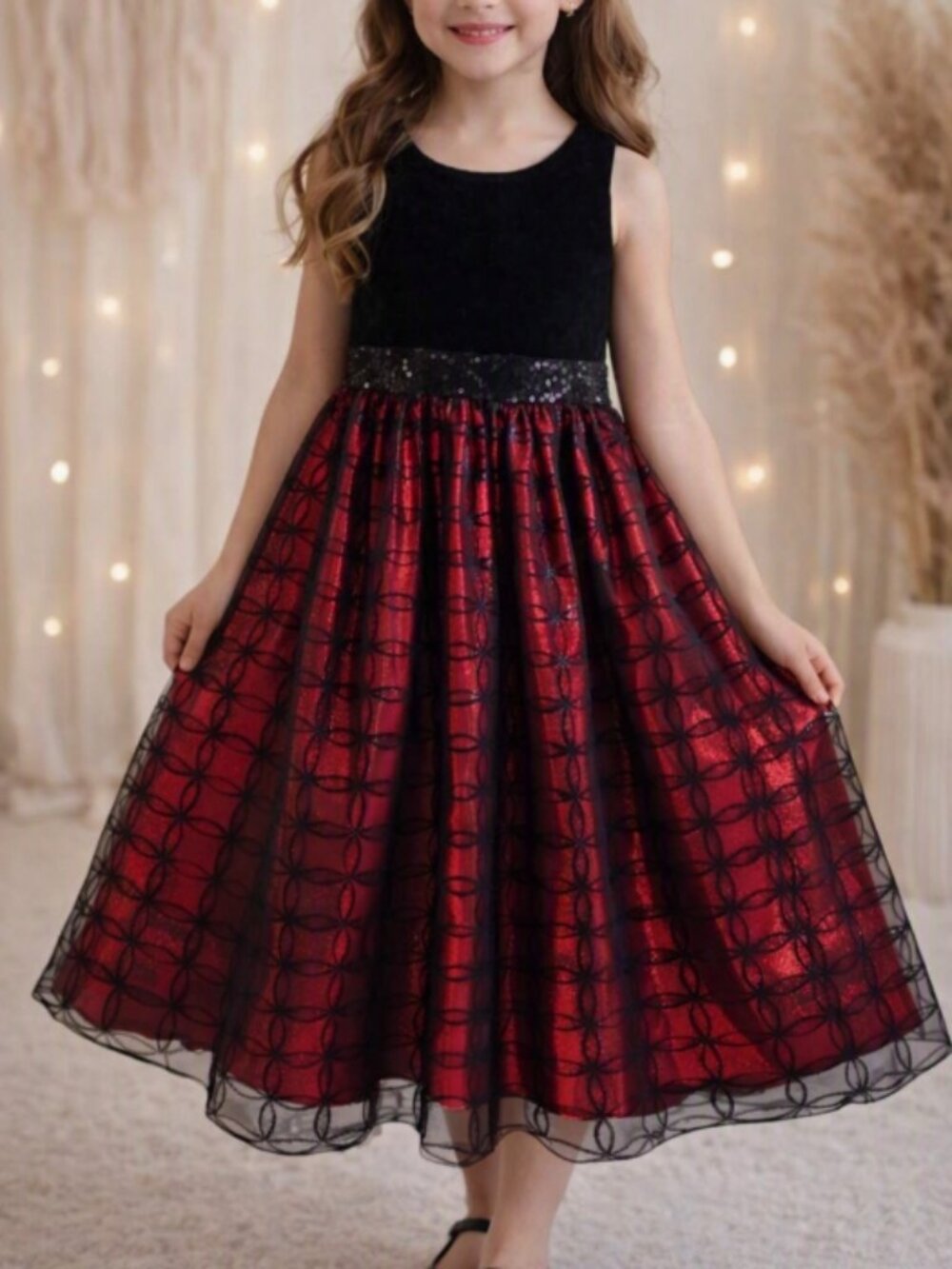 Black Velvet & Red Sequined Party Dress Tween 10 Princesscore Y2K Holiday Glam